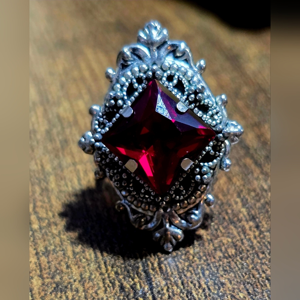 Gothic Vampire Bat Earrings + Ruby Red Filigree Statement Ring Set Victorian - Picture 4 of 6